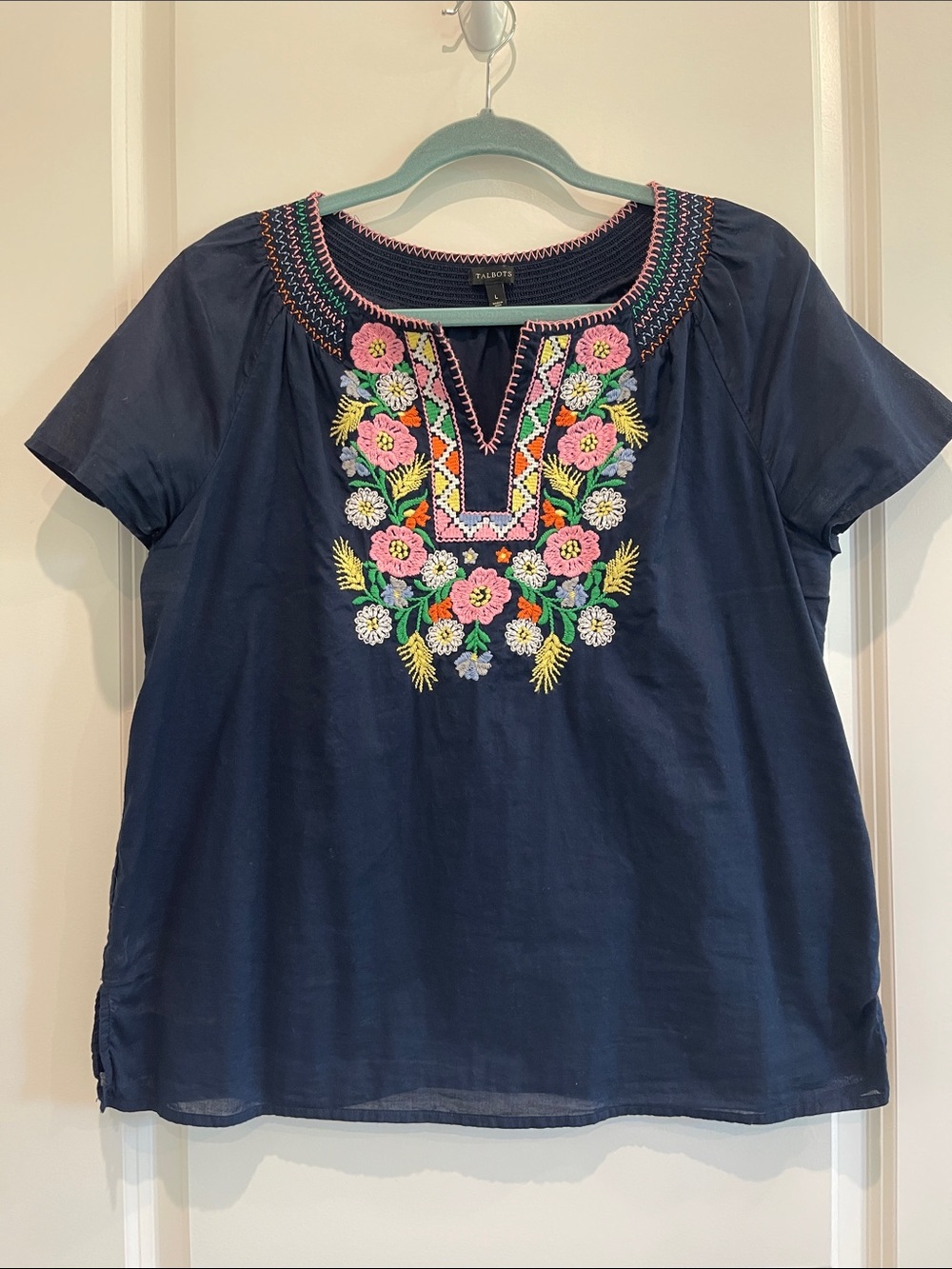 Talbots Navy Short-Sleeve Tunic with Colorful Floral Embroidery